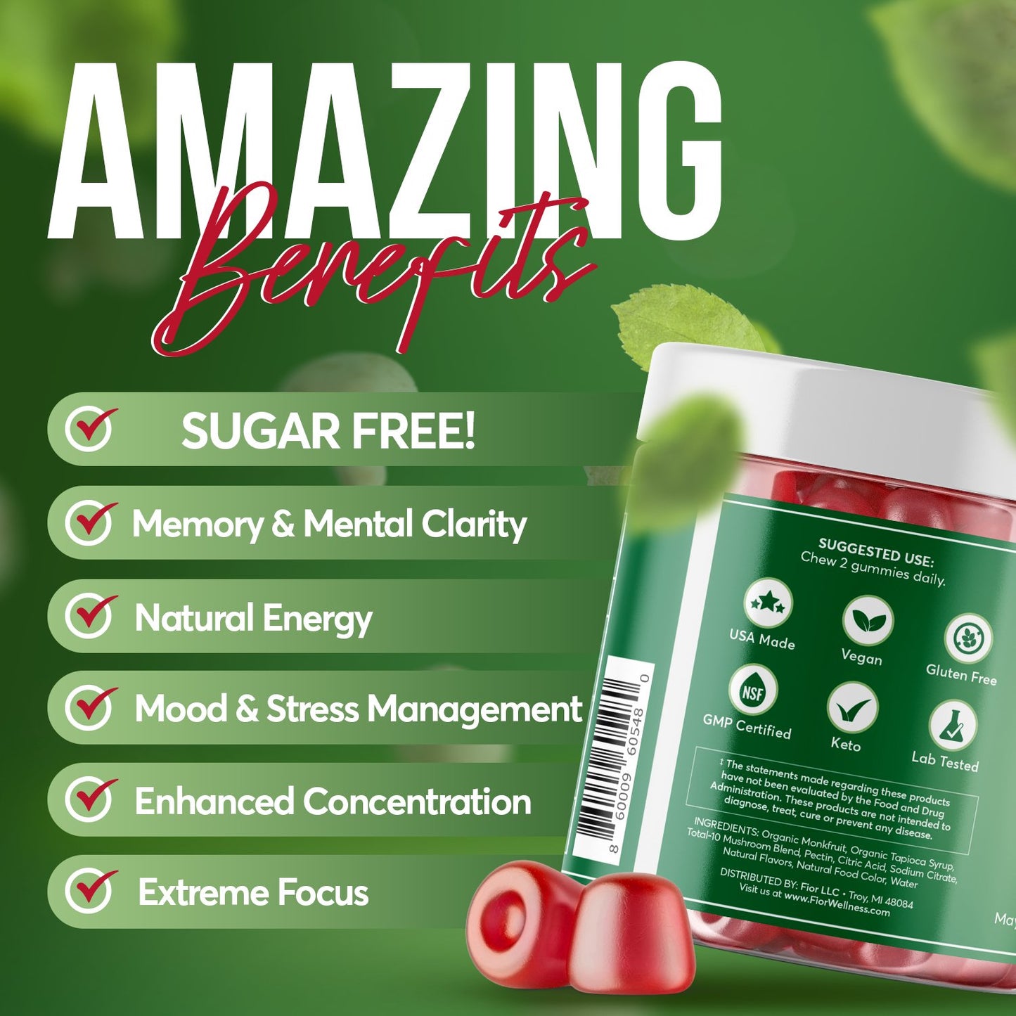 FIOR Sugar Free 10 Mushroom Blend Gummies 60 count - FIOR