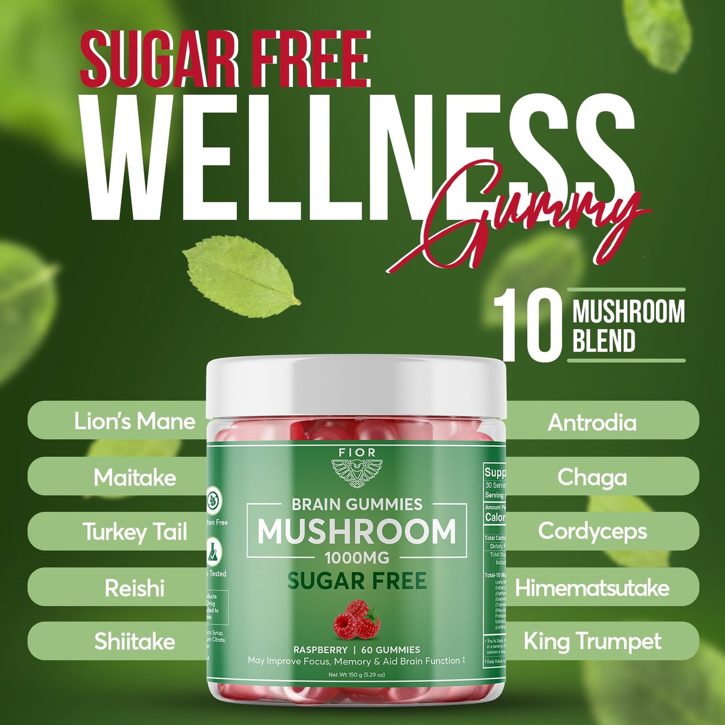 FIOR Sugar Free 10 Mushroom Blend Gummies 60 count - FIOR