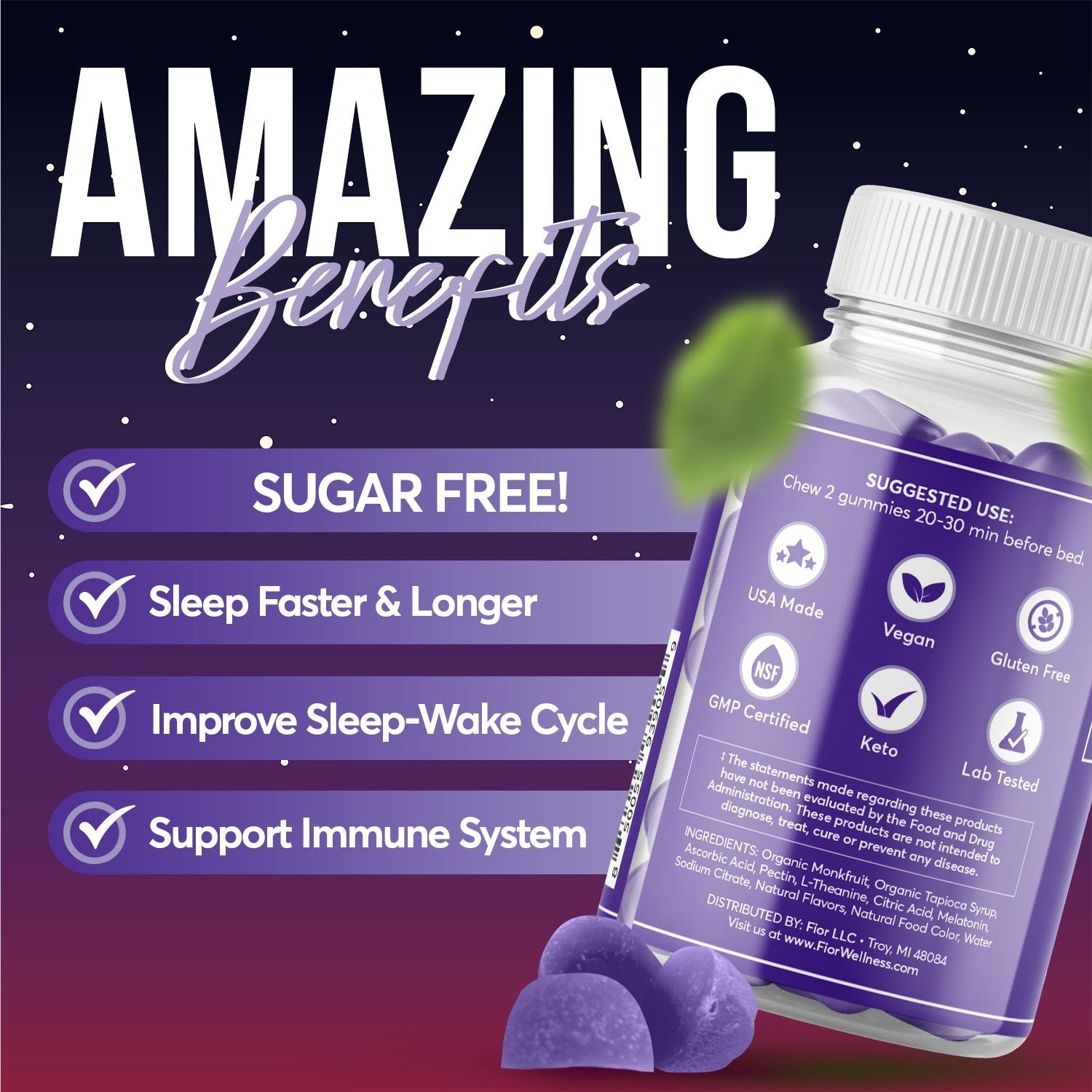 FIOR Sugar Free 60-count Sleep Aid & Calm Gummies, Melatonin Gummies Sleep Aids for Adults & Kids. Gummy Vitamins for Sleep. Adults & Kids Melatonin & L-Theanine Gummies Natural Herbal Sleep Aid. - FIOR