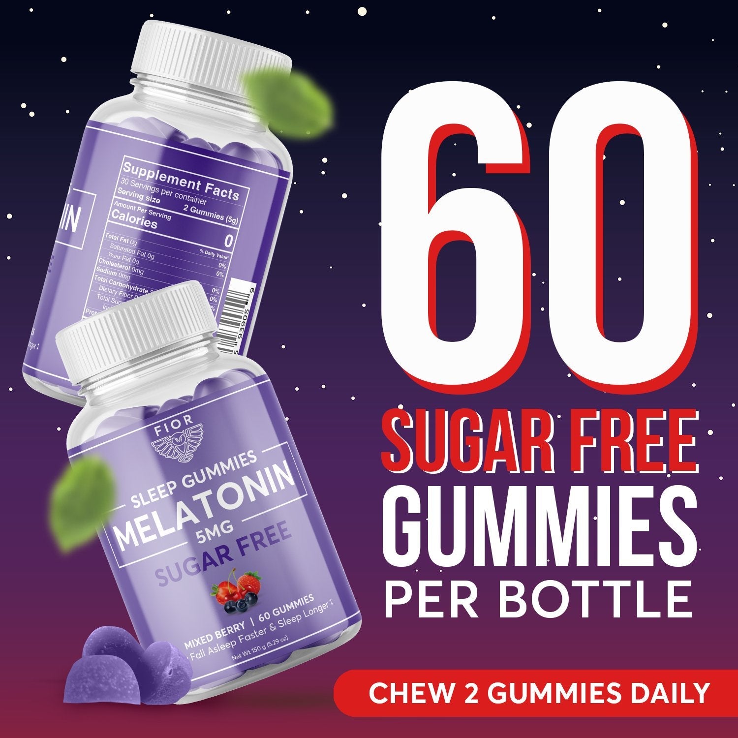 FIOR Sugar Free 60-count Sleep Aid & Calm Gummies, Melatonin Gummies Sleep Aids for Adults & Kids. Gummy Vitamins for Sleep. Adults & Kids Melatonin & L-Theanine Gummies Natural Herbal Sleep Aid. - FIOR