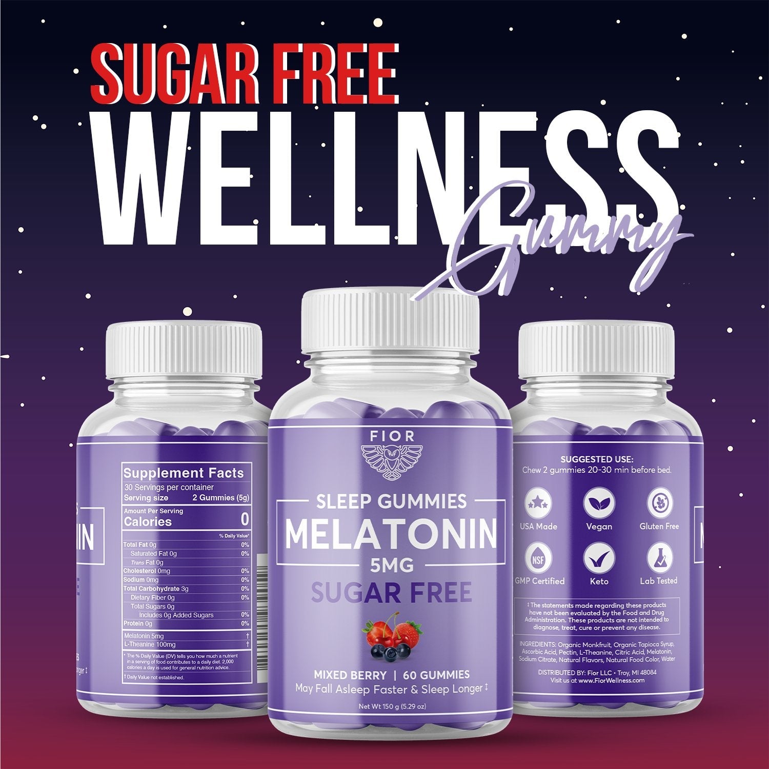 FIOR Sugar Free 60-count Sleep Aid & Calm Gummies, Melatonin Gummies Sleep Aids for Adults & Kids. Gummy Vitamins for Sleep. Adults & Kids Melatonin & L-Theanine Gummies Natural Herbal Sleep Aid. - FIOR