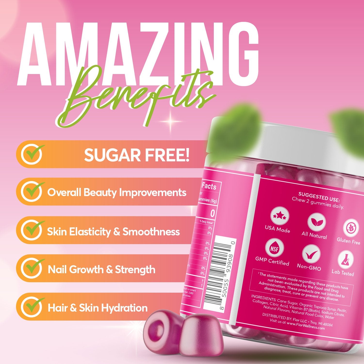 FIOR Sugar Free Biotin and Collagen Gummy 60 count - FIOR