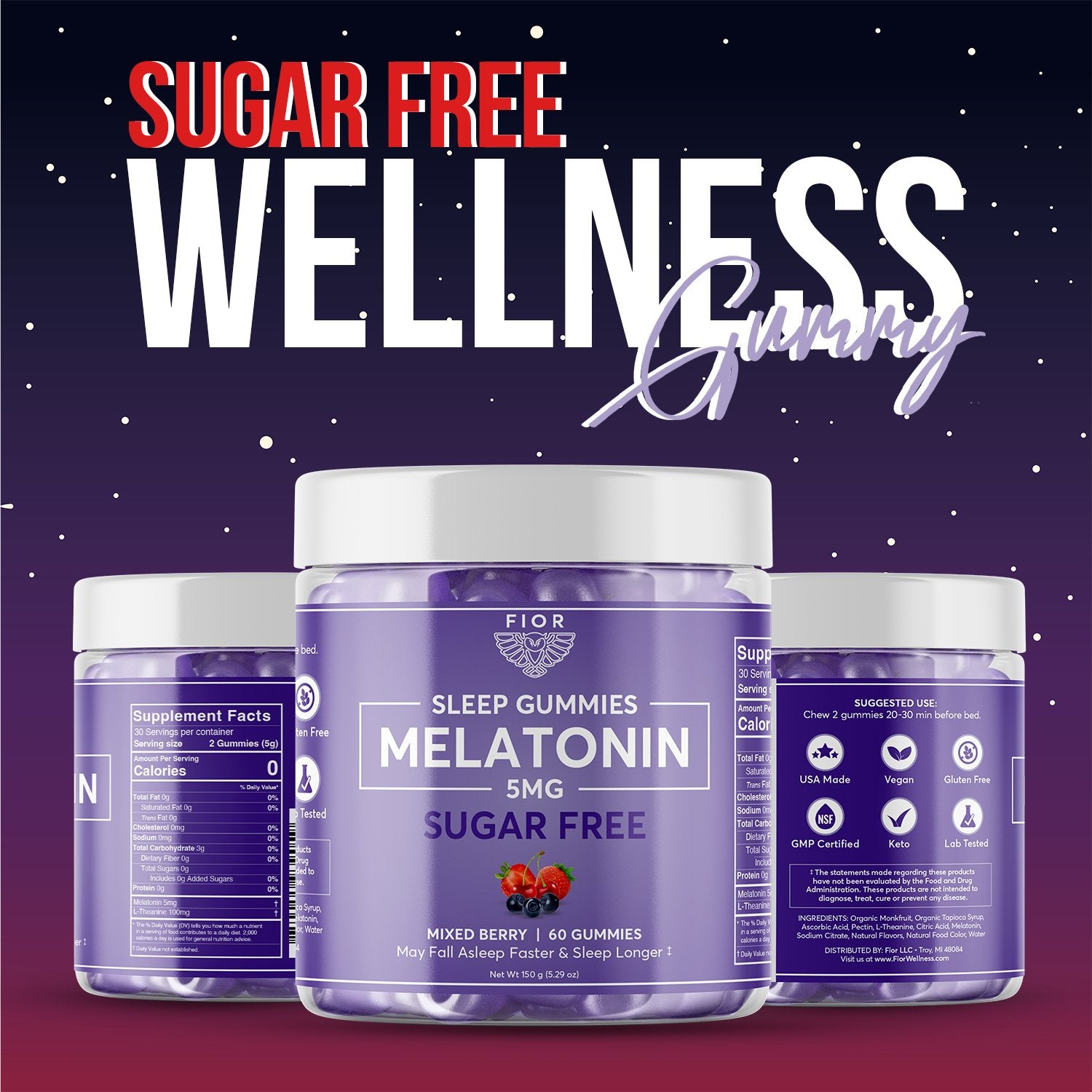 FIOR Sugar Free Melatonin Gummies 60 count - FIOR