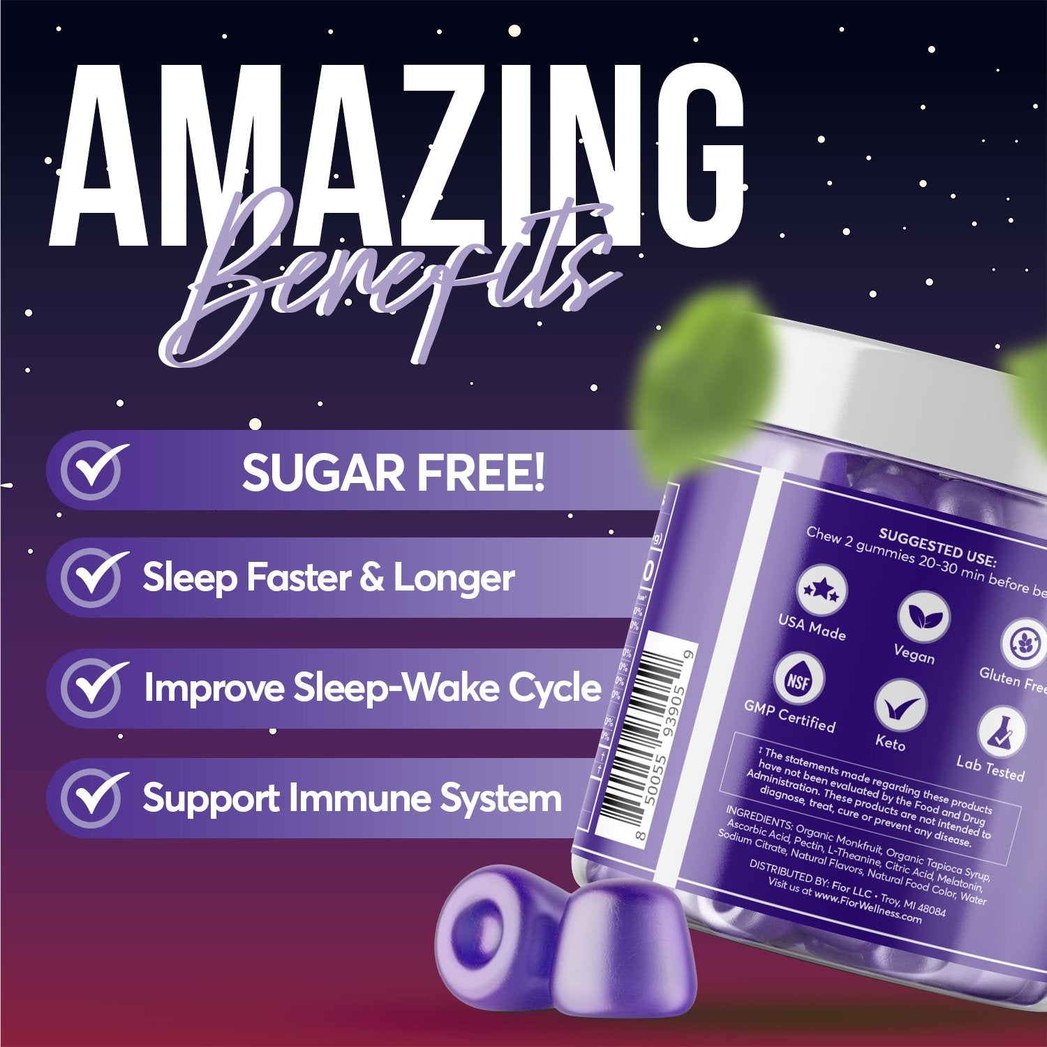 FIOR Sugar Free Melatonin Gummies 60 count - FIOR